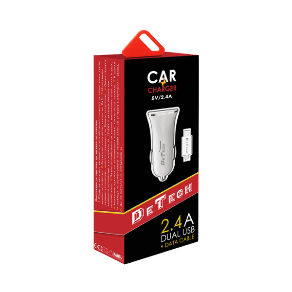 Зарядно устройство за кола DeTech DE-C01M 5V/2.4A 12/24V С Micro USB кабел 2 x USB Бял - 14124 - 08