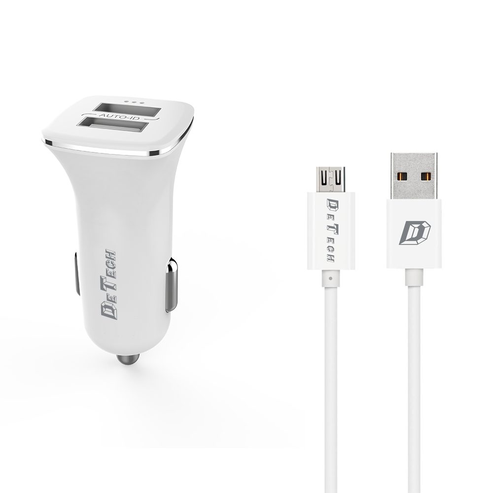 Зарядно устройство за кола DeTech DE-C01M 5V/2.4A 12/24V С Micro USB кабел 2 x USB Бял - 14124 Зарядно устройство за кола DeTech DE-C01M 5V/2.4A 12/24V С Micro USB кабел 2 x USB Бял - 14124