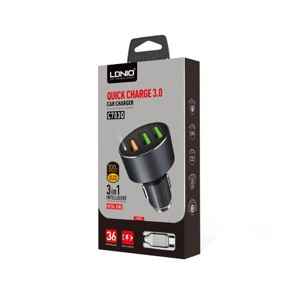 Зарядно устройство за кола LDNIO C703Q Quick Charge 3.0 3xUSB С Micro USB кабел Сив - 14752 - 02
