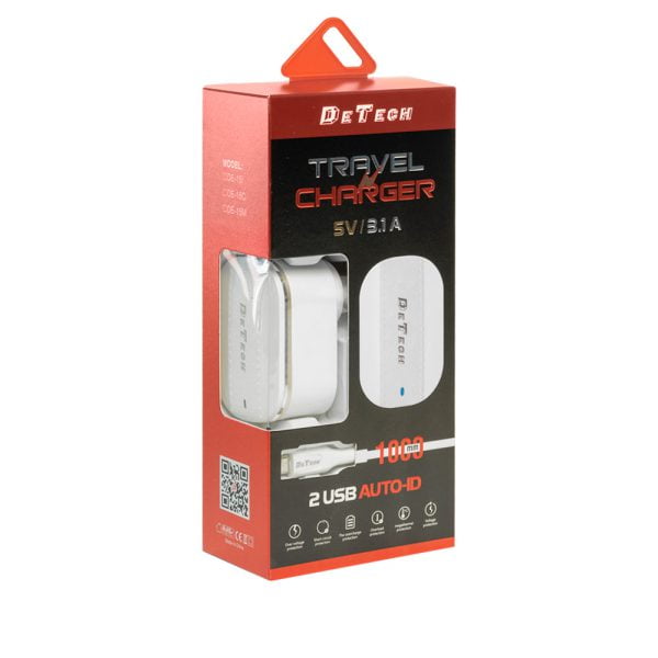 Мрежово зарядно устройство DeTech DE-15i 5V/3.1A 220V 2 x USB С Lightning кабел 1.0m Бял - 40097 - 07