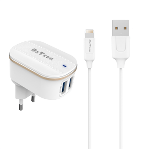 Мрежово зарядно устройство DeTech DE-15i 5V/3.1A 220V 2 x USB С Lightning кабел 1.0m Бял - 40097