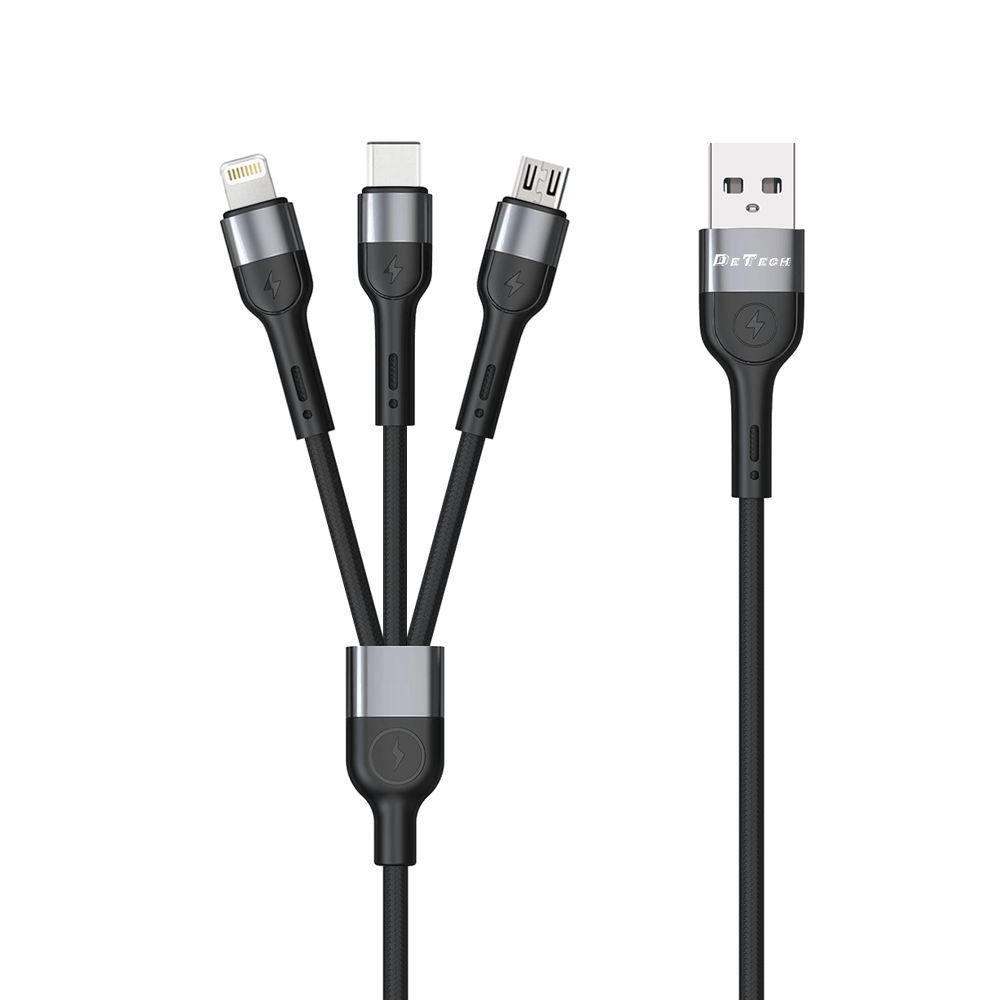 Кабел за зареждане DeTech DE-C41 3 в 1 Micro USB Lightning Type-C 1.0m Черен - 40204 Кабел за зареждане DeTech DE-C41 3 в 1 Micro USB Lightning Type-C 1.0m Черен - 40204