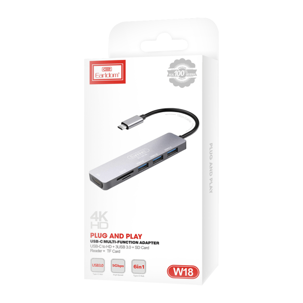 Докинг станция Earldom ET-W18 Type-C към 3xUSB 3.0 SD MicroSD HDMI Сив - 40232 - 04