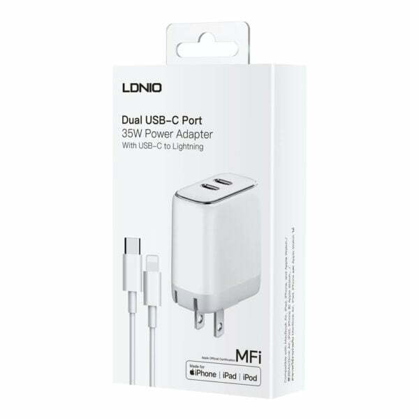 Мрежово зарядно устройство LDNIO A2528M MFi 35W 2 x Type-C F PD С Кабел Type-C към Lightning Бял - 40280 - 05