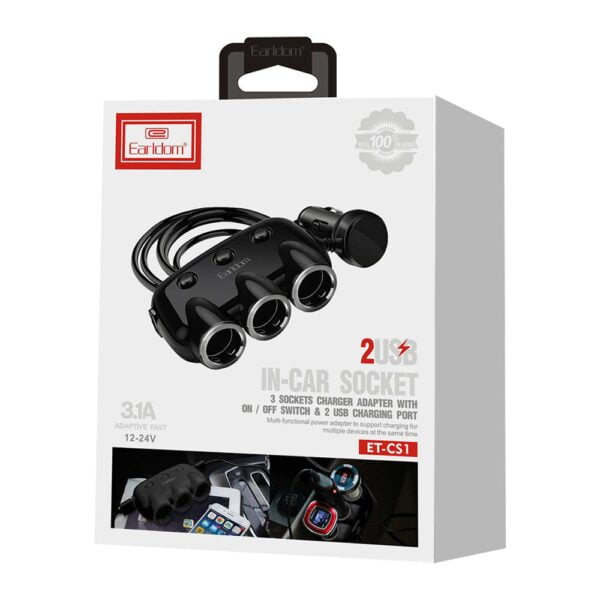 Зарядно устройство за кола Earldom ES-CS1 Разклонител 2xUSB F 3x12/24V Различни цветове – 40207 - 03