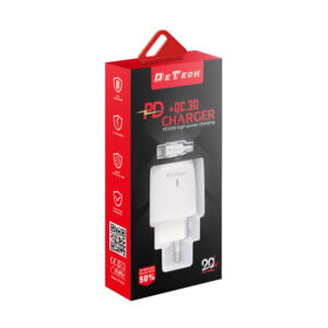 Мрежово зарядно устройство DeTech DE-31PDL 20W С Type-C към Lightning кабел 1 x Type-C F 1 x USB F PD QC Бял - 40323 - 02