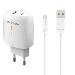 Мрежово зарядно устройство DeTech DE-31i 20W С Lightning кабел 1 x Type-C F 1 x USB F PD QC Бял - 40320