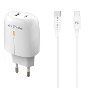 Мрежово зарядно устройство DeTech DE-31PDL 20W С Type-C към Lightning кабел 1 x Type-C F 1 x USB F PD QC Бял - 40323