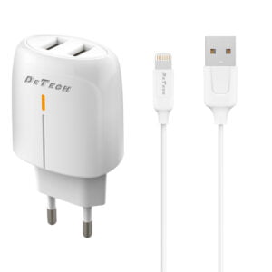 Мрежово зарядно устройство DeTech DE-32QCi 18W С Lightning кабел 2 x USB F QC Бял - 40326